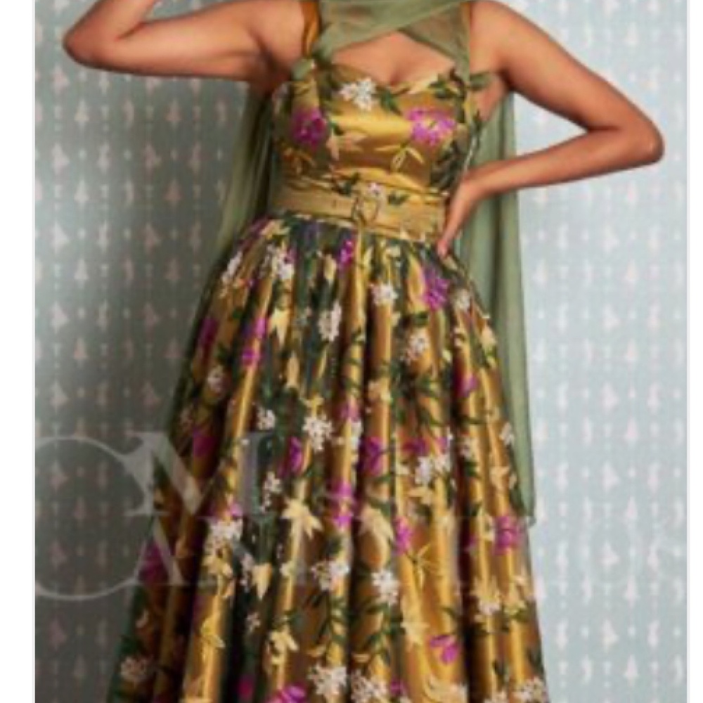 Rare boutique collectible pinup Ms Candyfloss gold green floral embroidery dress